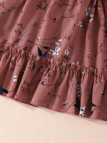 Young Girls' Floral Printed Dress With Flare Sleeves, Ruffle Hem And Lotus Leaf Collar