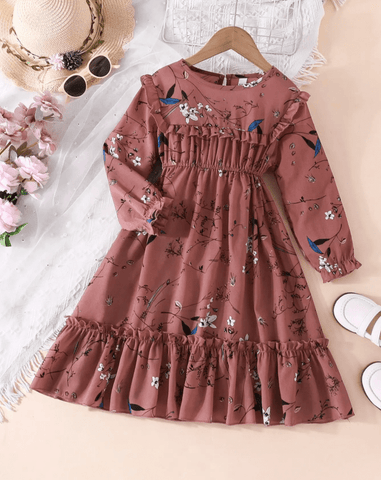 Young Girls' Floral Printed Dress With Flare Sleeves, Ruffle Hem And Lotus Leaf Collar
