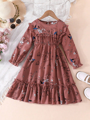 Young Girls' Floral Printed Dress With Flare Sleeves, Ruffle Hem And Lotus Leaf Collar