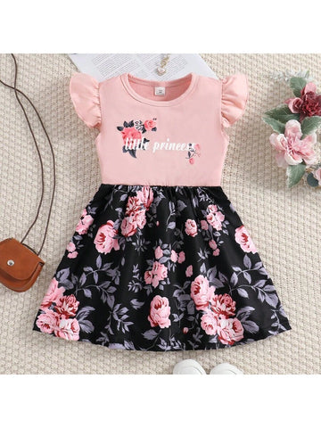 Young Girls' Floral Printed Knitted Dress With Flying Sleeves For Summer, Fashionable Cute Alphabet & Flower Pattern Sleeveless Dress