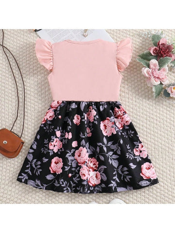 Young Girls' Floral Printed Knitted Dress With Flying Sleeves For Summer, Fashionable Cute Alphabet & Flower Pattern Sleeveless Dress