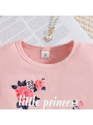 Young Girls' Floral Printed Knitted Dress With Flying Sleeves For Summer, Fashionable Cute Alphabet & Flower Pattern Sleeveless Dress