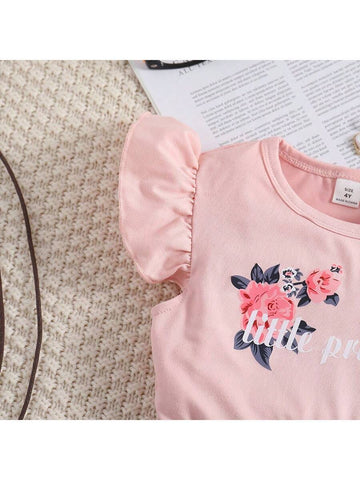 Young Girls' Floral Printed Knitted Dress With Flying Sleeves For Summer, Fashionable Cute Alphabet & Flower Pattern Sleeveless Dress