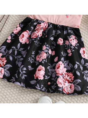 Young Girls' Floral Printed Knitted Dress With Flying Sleeves For Summer, Fashionable Cute Alphabet & Flower Pattern Sleeveless Dress