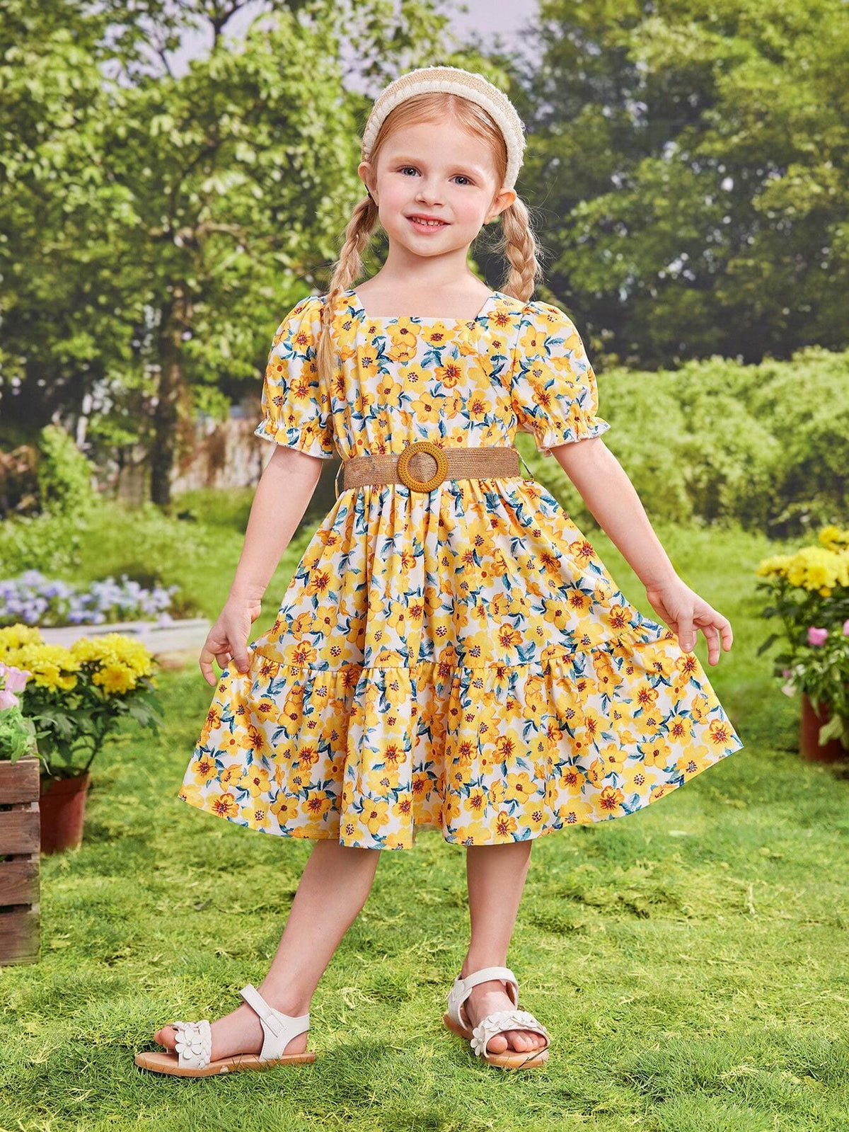 Young Girl's Floral Printed Puff Sleeve Dress