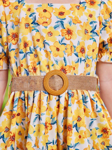 Young Girl's Floral Printed Puff Sleeve Dress