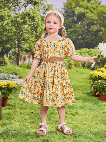 Young Girl's Floral Printed Puff Sleeve Dress