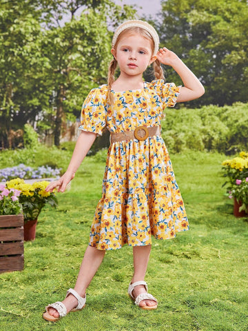 Young Girl's Floral Printed Puff Sleeve Dress