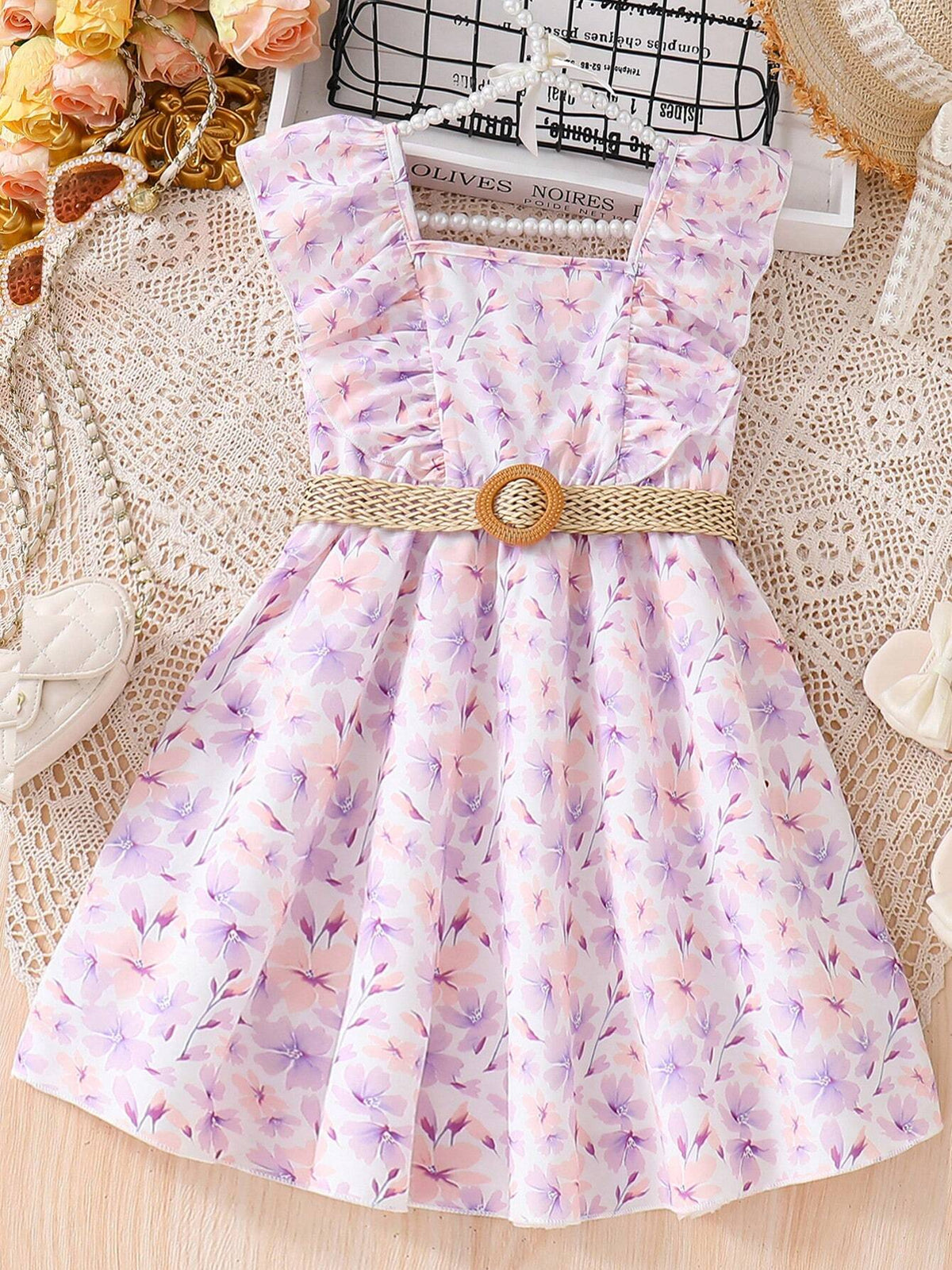 Young Girls' Floral Printed Ruffle Trim A-Line Dress With Belt For Summer