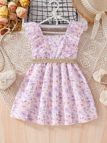 Young Girls' Floral Printed Ruffle Trim A-Line Dress With Belt For Summer