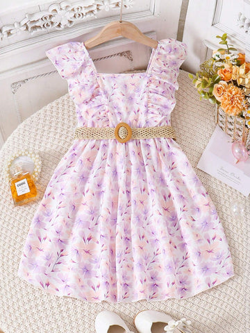 Young Girls' Floral Printed Ruffle Trim A-Line Dress With Belt For Summer