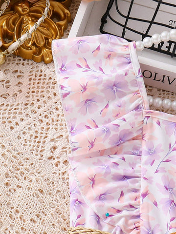 Young Girls' Floral Printed Ruffle Trim A-Line Dress With Belt For Summer