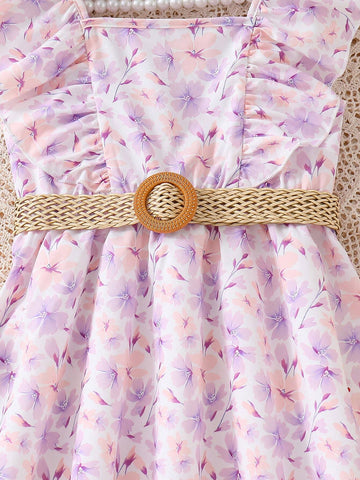 Young Girls' Floral Printed Ruffle Trim A-Line Dress With Belt For Summer