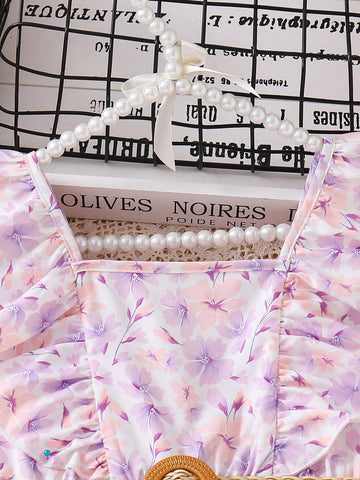 Young Girls' Floral Printed Ruffle Trim A-Line Dress With Belt For Summer