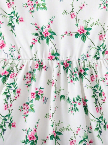Young Girl's Floral Printed Short Sleeve Country Style Holiday Dress
