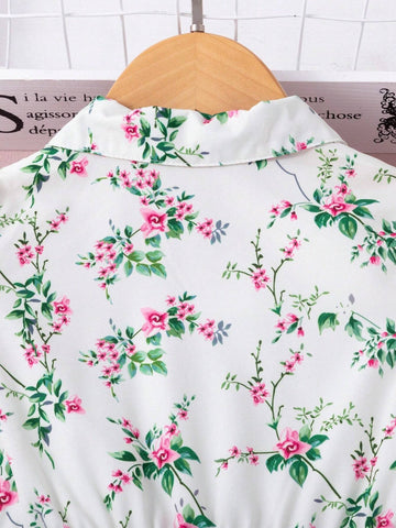 Young Girl's Floral Printed Short Sleeve Country Style Holiday Dress