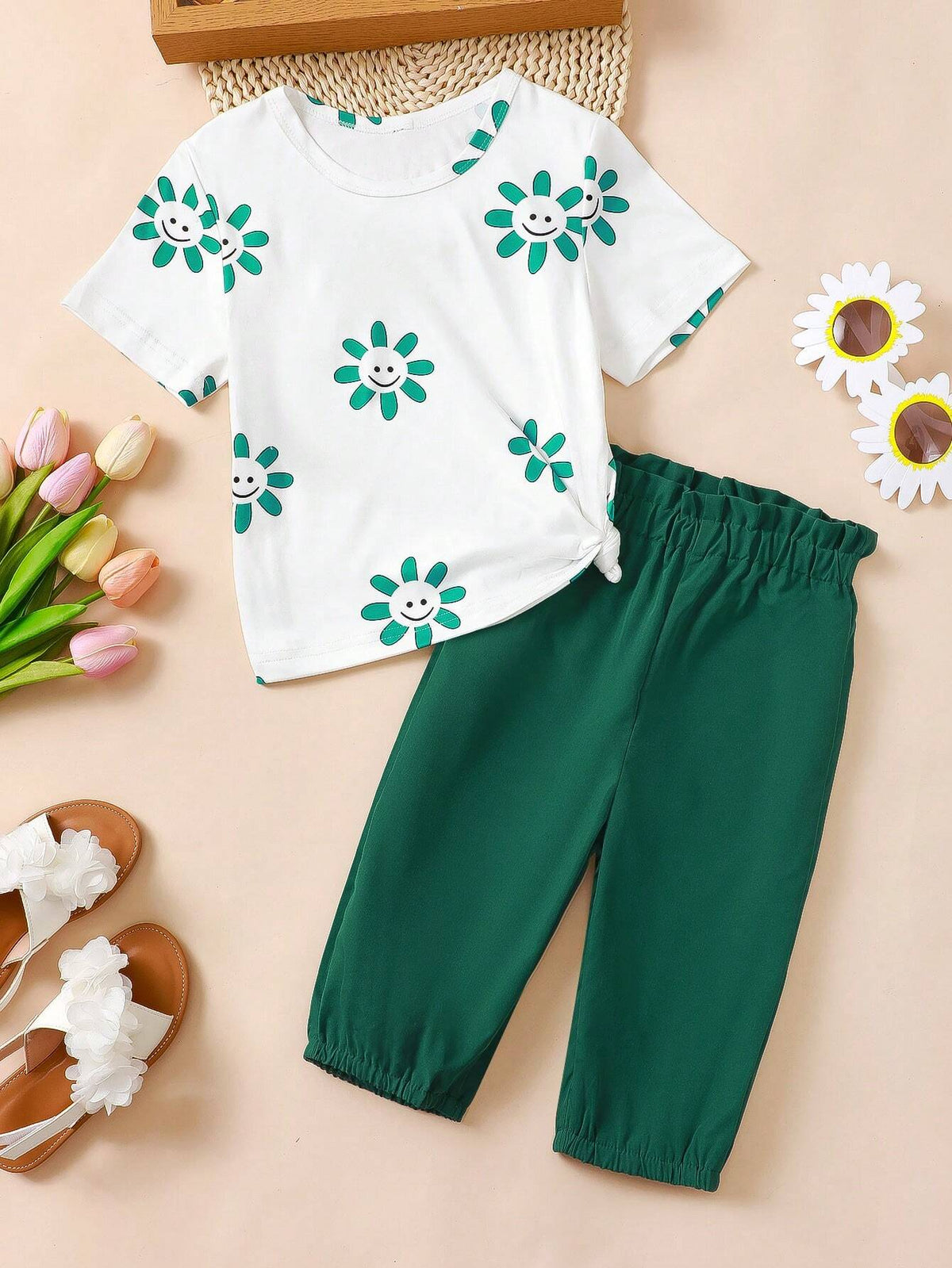 Young Girls' Floral Printed Short Sleeve Top And Knee-Length Shorts Casual Spring-Summer Outfit