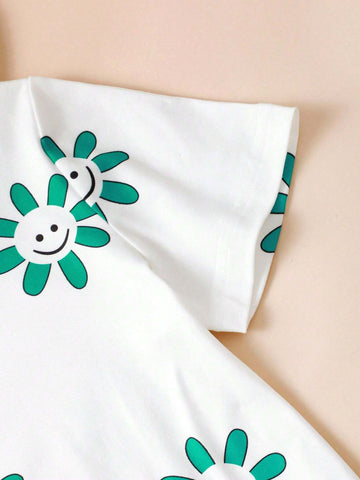 Young Girls' Floral Printed Short Sleeve Top And Knee-Length Shorts Casual Spring-Summer Outfit