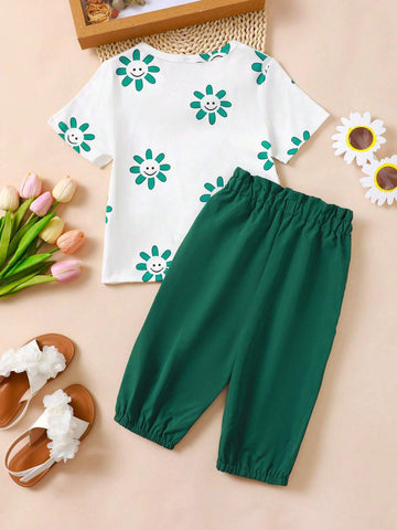 Young Girls' Floral Printed Short Sleeve Top And Knee-Length Shorts Casual Spring-Summer Outfit