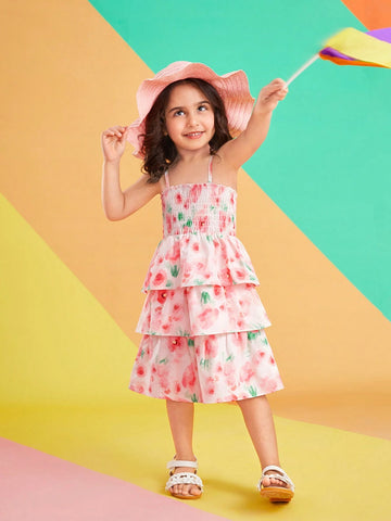 Young Girls Floral Printed Spaghetti Strap Dress