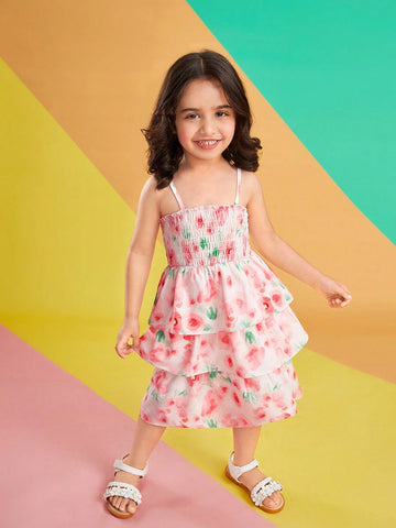 Young Girls Floral Printed Spaghetti Strap Dress