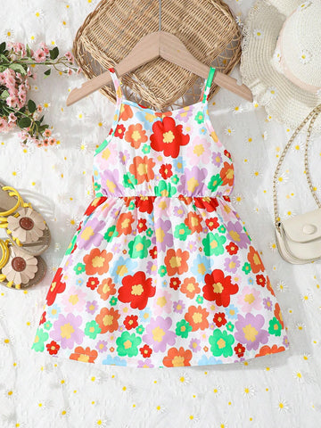 Young Girls' Floral Printed Strap Dress, Summer