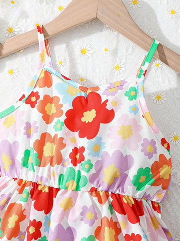 Young Girls' Floral Printed Strap Dress, Summer