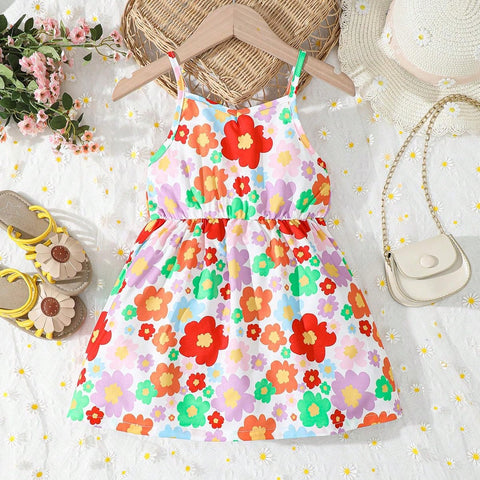 Young Girls' Floral Printed Strap Dress, Summer