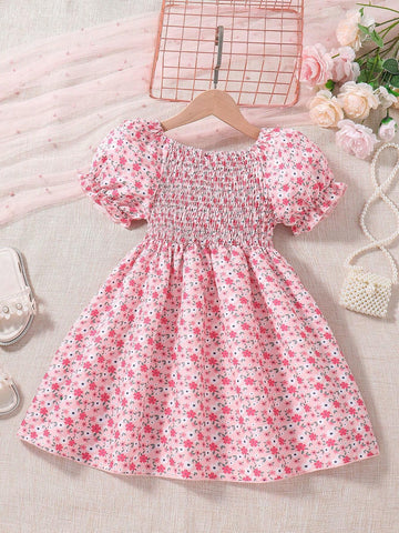 Young Girls' Floral Shirred Dress