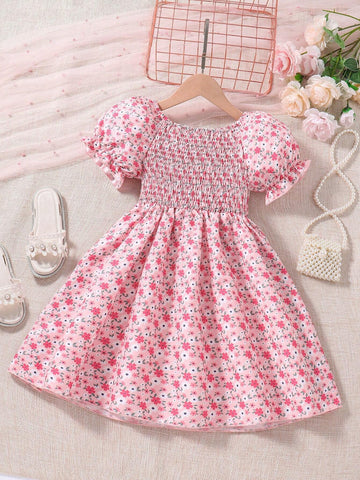 Young Girls' Floral Shirred Dress