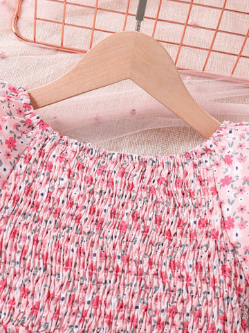 Young Girls' Floral Shirred Dress