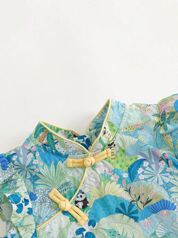 Young Girls" Floral Stand Collar Qipao Dress With Ruffled Hem And Flared Sleeves, Summer