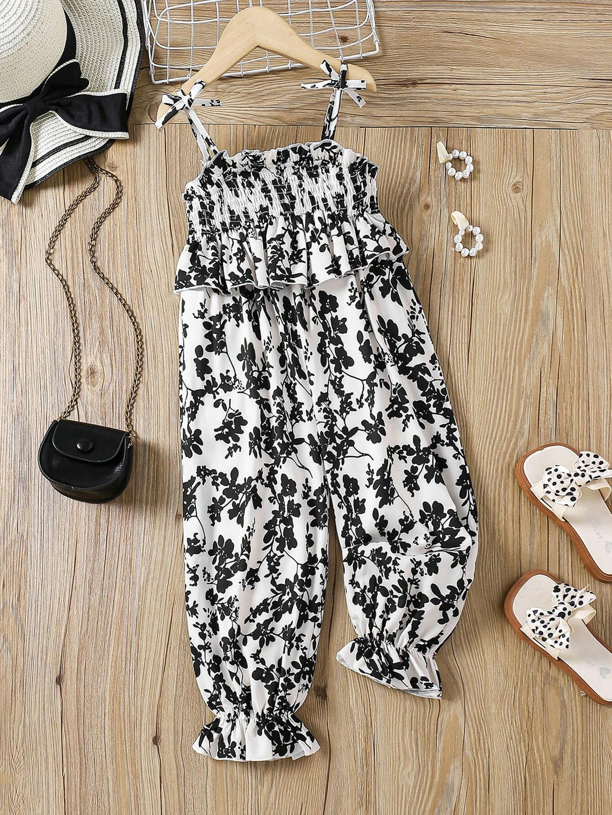 Young Girl's Floral Woven Lantern Pants And Cami Jumpsuit With Ruffled Hem