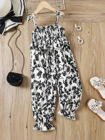 Young Girl's Floral Woven Lantern Pants And Cami Jumpsuit With Ruffled Hem