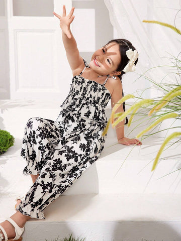 Young Girl's Floral Woven Lantern Pants And Cami Jumpsuit With Ruffled Hem