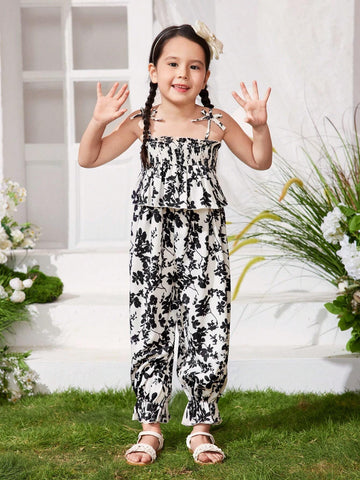 Young Girl's Floral Woven Lantern Pants And Cami Jumpsuit With Ruffled Hem