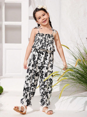Young Girl's Floral Woven Lantern Pants And Cami Jumpsuit With Ruffled Hem