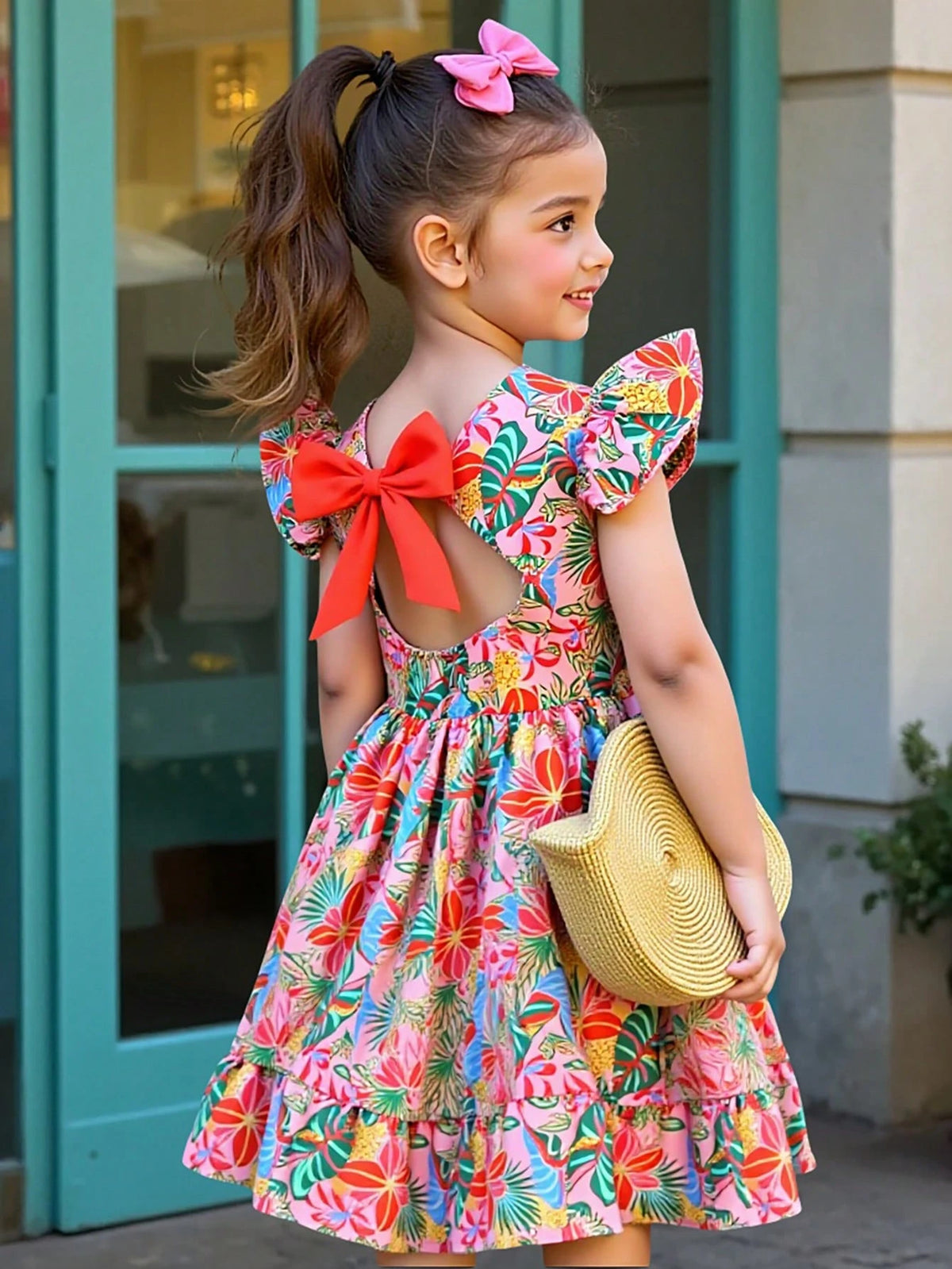Young Girls Floral & Tropical Print Colorful Bow Tie Vacation Dress