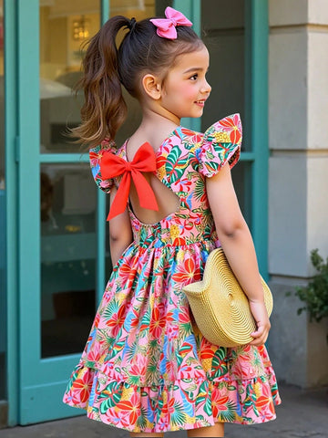 Young Girls Floral & Tropical Print Colorful Bow Tie Vacation Dress