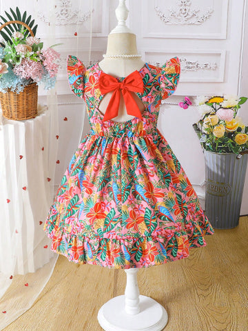 Young Girls Floral & Tropical Print Colorful Bow Tie Vacation Dress