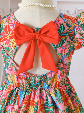 Young Girls Floral & Tropical Print Colorful Bow Tie Vacation Dress