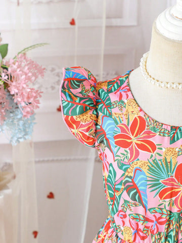 Young Girls Floral & Tropical Print Colorful Bow Tie Vacation Dress