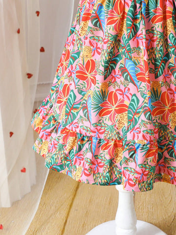 Young Girls Floral & Tropical Print Colorful Bow Tie Vacation Dress