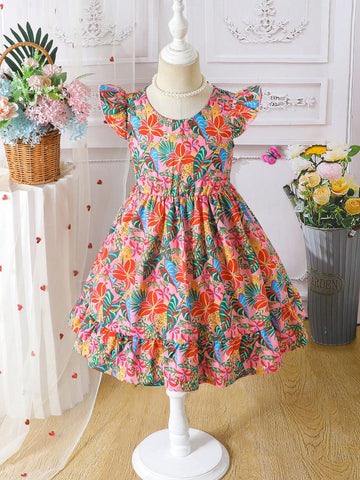 Young Girls Floral & Tropical Print Colorful Bow Tie Vacation Dress