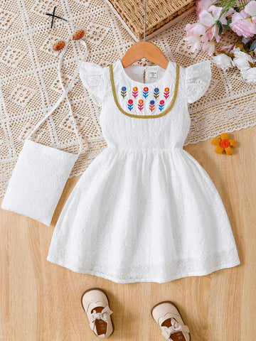 Young Girls Flower Embroidered Cap Sleeve Dress