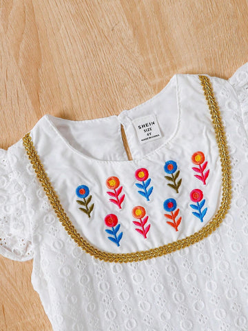 Young Girls Flower Embroidered Cap Sleeve Dress