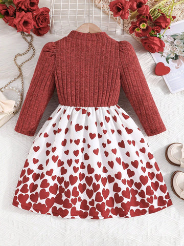 Young Girls Flower Embroidery Elegant Knit Puff Sleeve Top, Patchwork Ditsy Floral Ruffle Hem Princess Style Dress, Autumn/Winter