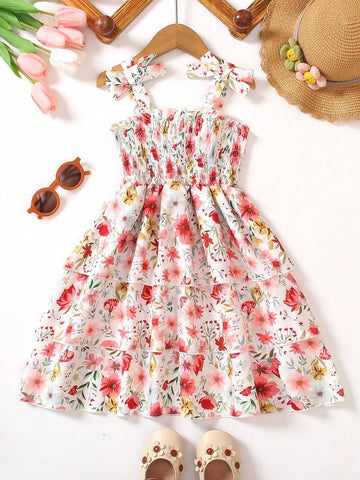 Young Girls' Flower Printed Spaghetti Strap Dress