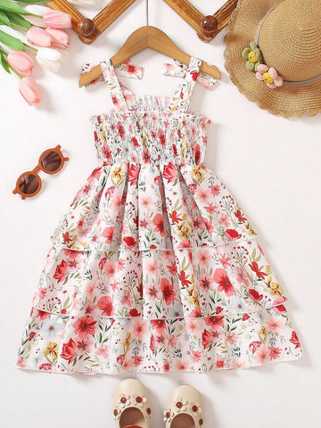 Young Girls' Flower Printed Spaghetti Strap Dress