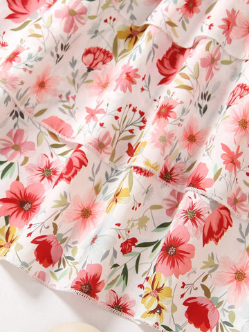 Young Girls' Flower Printed Spaghetti Strap Dress